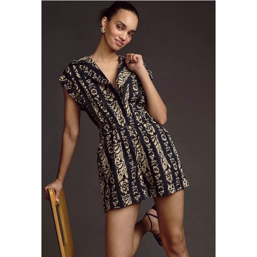 NEW TINY Anthropologie M Navy Ikat Tribal Cotton Zip Front Women ELLA Romper